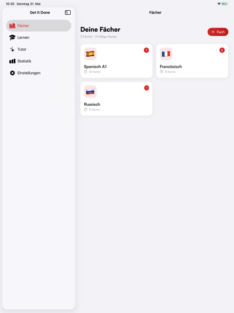 Get It Done auf dem iPad, Ansicht Fächer: Seitenleiste und die Fächer Spanisch A1, Französisch und Russisch, zusammen 13 fällige Karten.