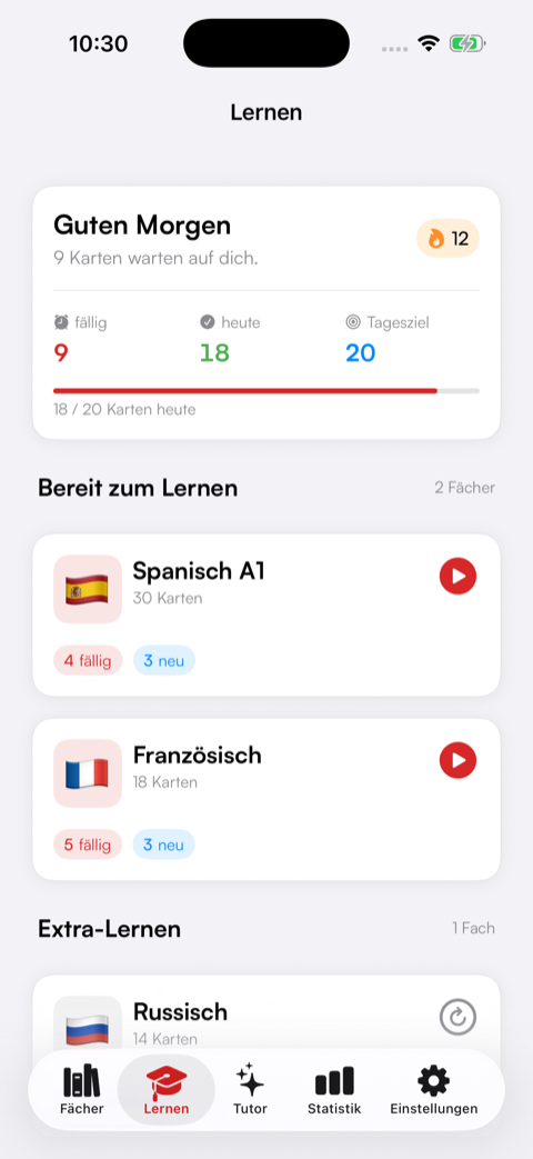 Get It Done auf dem iPhone, Ansicht Lernen: 9 fällige Karten, 18 von 20 Karten des Tagesziels geschafft, darunter die Fächer Spanisch A1 und Französisch mit fälligen und neuen Karten.