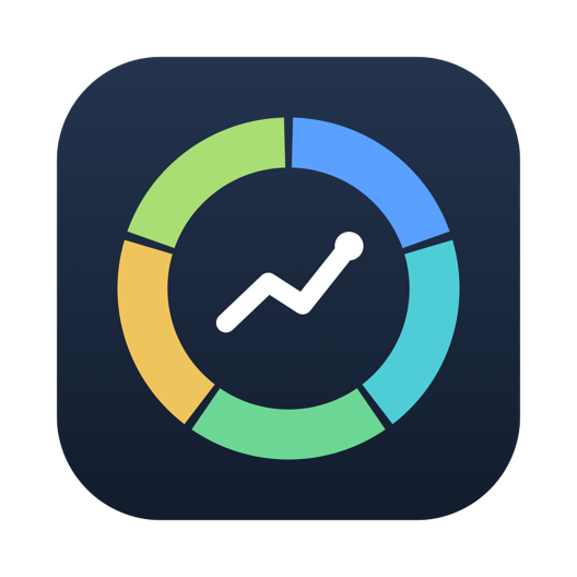 App-Symbol von PortfolioSpiel: ein Ringdiagramm in Grün, Blau, Türkis und Gelb mit einer steigenden weißen Linie auf dunkelblauem Grund.